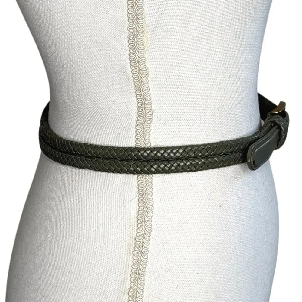 Talbots green leather braided leather belt brass hardware size XS